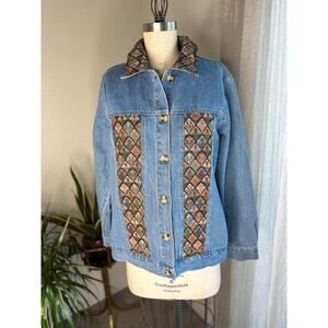 Denim & Co Womens Small Denim Jacket Blue Cotton Tapestry Panel Button Up Boho